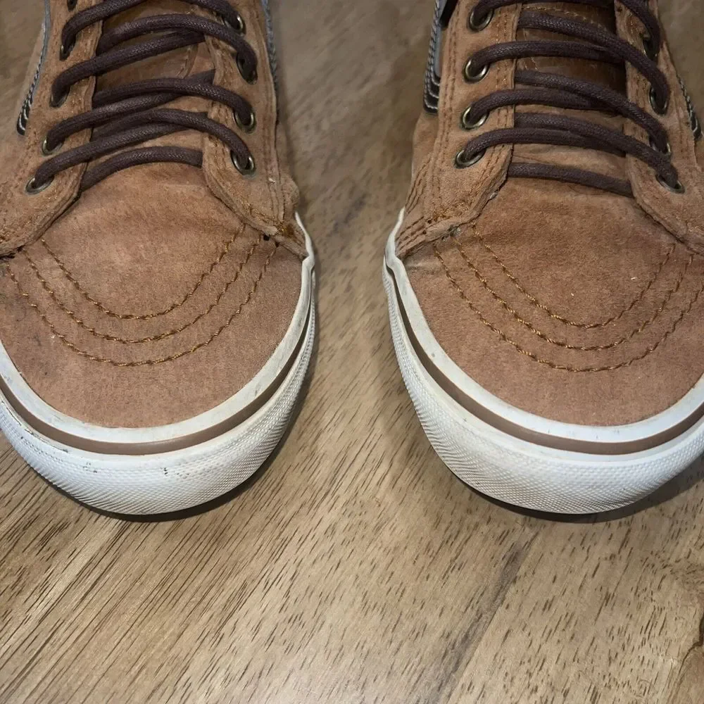 Vans Tan Suede High-Top Sneakers with Red Plaid Lining